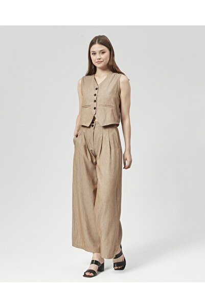 Nuseel New Season Mink Collared Palazzo Trousers and Vest Set