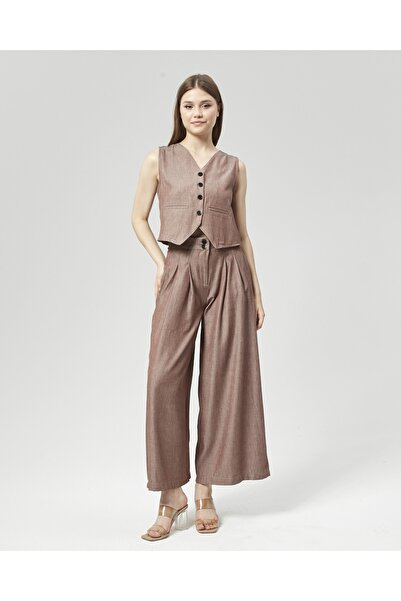 Nuseel New Season Brown Palazzo Trousers & Vest Set - Collar Detailed