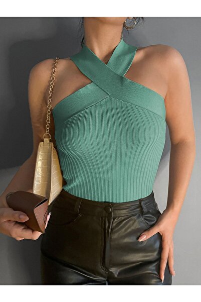 dijimodway Αμάνικη πράσινη μπλούζα με λουράκι σταυρός γιακάς
