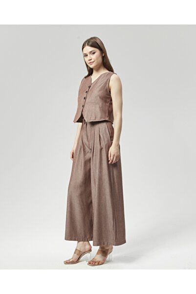 Nuseel New Season Brown Palazzo Trousers & Vest Set - Collar Detailed