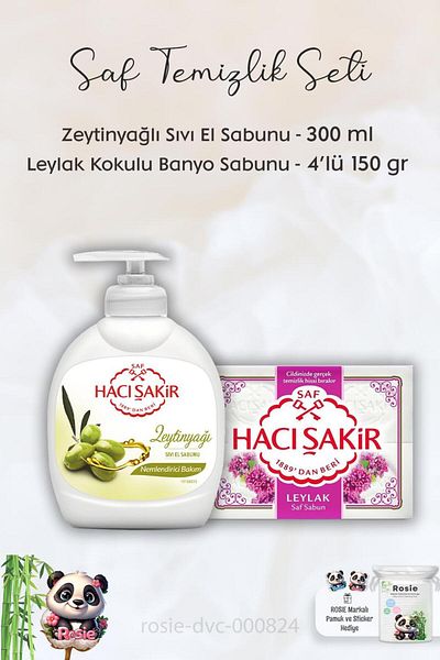 Hacı Şakir Olive Oil Liquid Soap - 300 ml, Lilac Scented Bath Soap - 4 x 150 gr and ROSIE