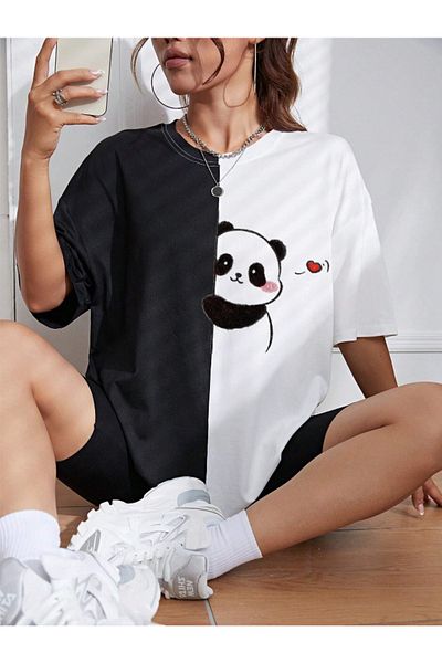 Revasser Tricou supradimensionat din bumbac pentru femei cu model ursuleț de pluș - gât crew