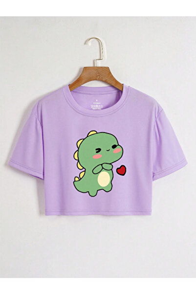 Revasser تي شيرت نسائي قصير من القطن ملون كبير الحجم مطبوع من DINO - رقبة دائرية