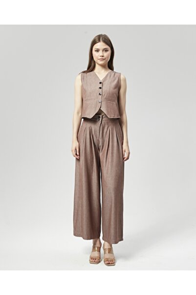 Nuseel New Season Brown Palazzo Trousers & Vest Set - Collar Detailed