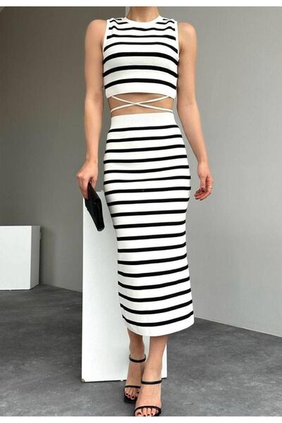 Ruffmoda Ριγέ πλεκτό κοστούμι με μολύβι φούστα Κομψό, άνετο και μοντέρνο κοστ...