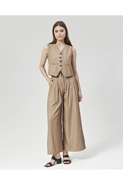 Nuseel New Season Mink Collared Palazzo Trousers and Vest Set