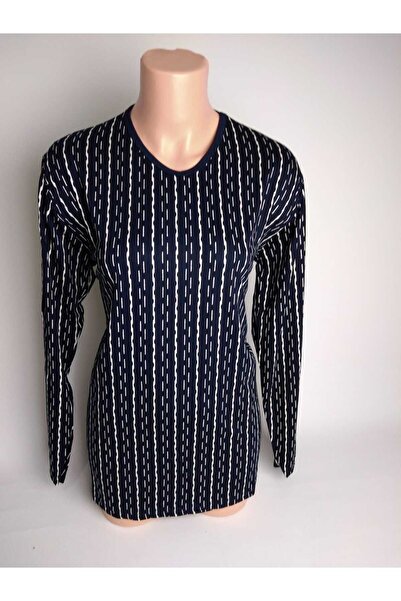 YAŞAR TRİKO Kadın Lacivert Bej V Yaka Uzun Kollu Yanları Yırtmaçlı Yazlık Vis...