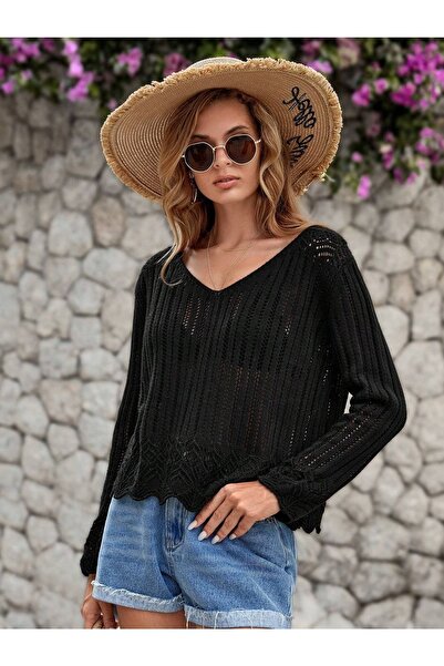 dijimodway Чорна блузка з ажурним V-подібним вирізом і детальним мотивом