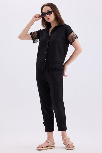 MD trend Linen Set - Tulle Detailed Short Sleeve Shirt and Lace Trousers