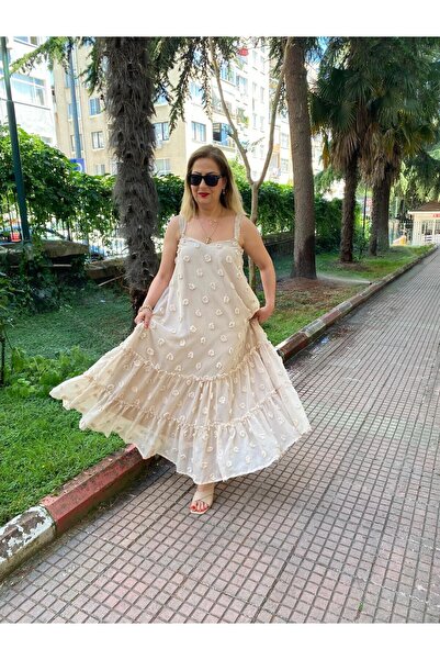 AlyaTeks ASKILI MAXİ BOY ASTARLI TÜL ELBİSE TAŞ