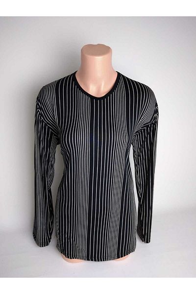 YAŞAR TRİKO Decolteu în V negru bej - Bluză tricou de vară cu mânecă lungă din lycra viscoză