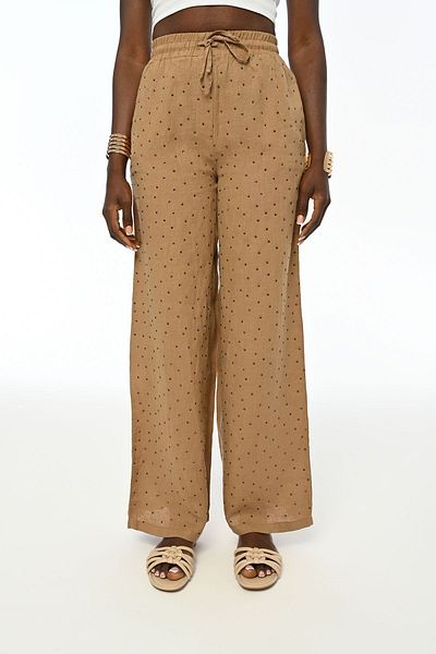 Orfeo Negro Women's Elastic Waist Comfortable Fit Wide Leg Bonding Stone Detailed Cumin Color Trousers