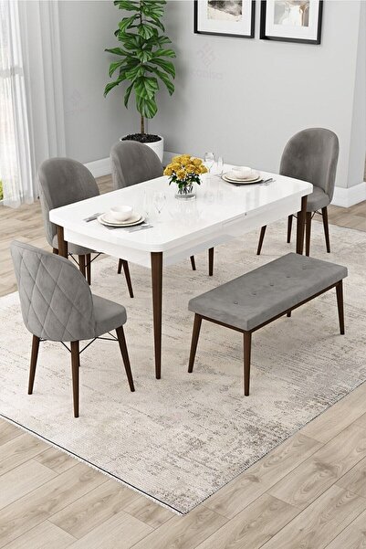 Canisa Rut Serisi Açılabilir 80x132 Beyaz Masa Kahverengi Ayak Masa Takımı 4 ...