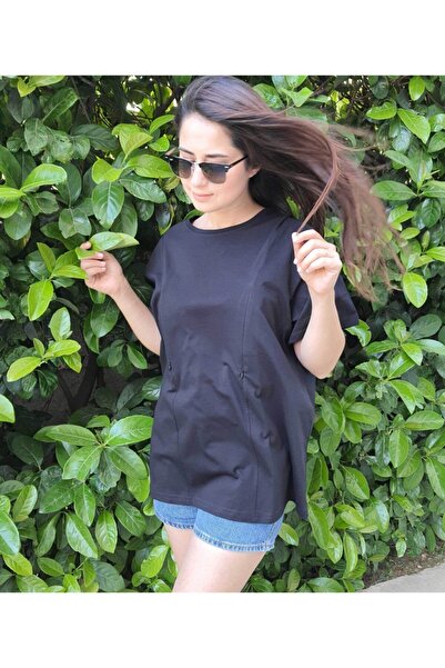 Baby Boroosh Kadın Gizli Fermuarlı Oversize Siyah Emzirme Tişörtü