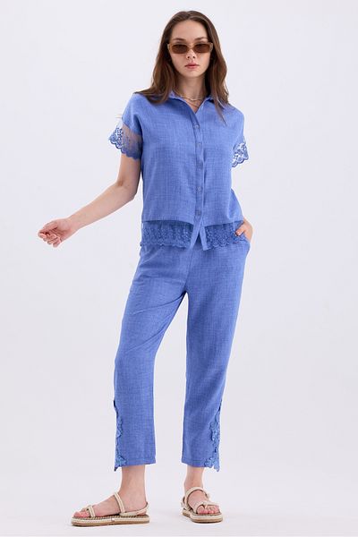 MD trend Linen Set - Tulle Detailed Short Sleeve Shirt and Lace Trousers