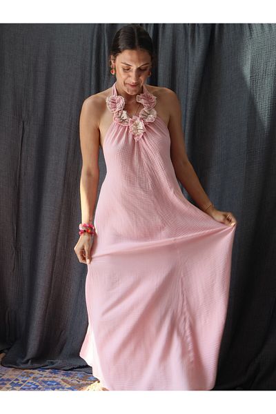 Su Koleksiyon Pink ALOHA BOHO Style Muslin Open Back Dress