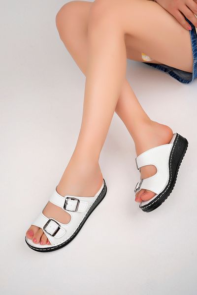 Deripabuc White Genuine Leather Women's Slippers - Dp62-0208