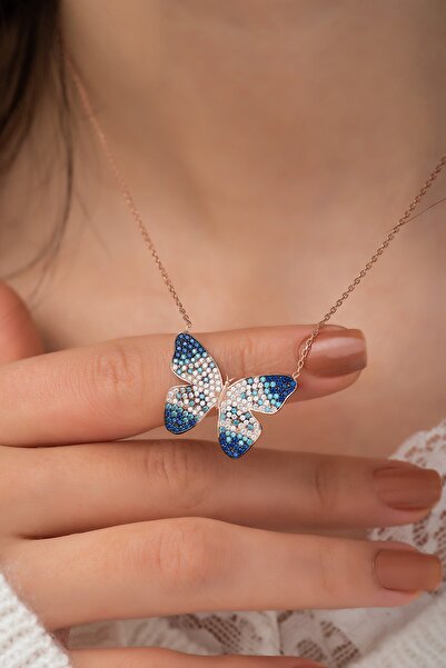 Nereze 925 Ayar Mavi Geçişli Kelebek Kolye Gümüş Kolye