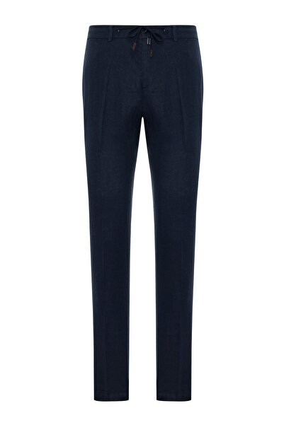 Andrea Nicolotti Λινό παντελόνι με κορδόνια σε μπλε ναυτικό χρώμα 2782-5