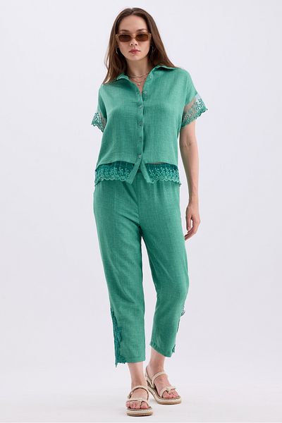 MD trend Linen Set - Tulle Detailed Short Sleeve Shirt and Lace Trousers