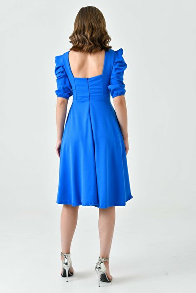 bayansepeti Rochie de seară midi albastră - Crep Flexibil, Guler Patrat, Rochie mânecă scurtă 080