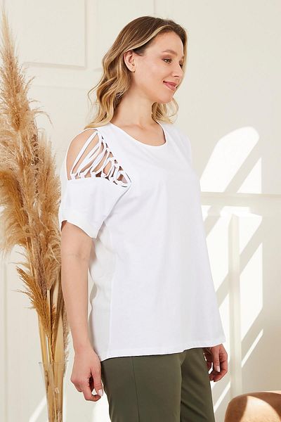 RMG Large Size White Shoulder Detailed T-Shirt