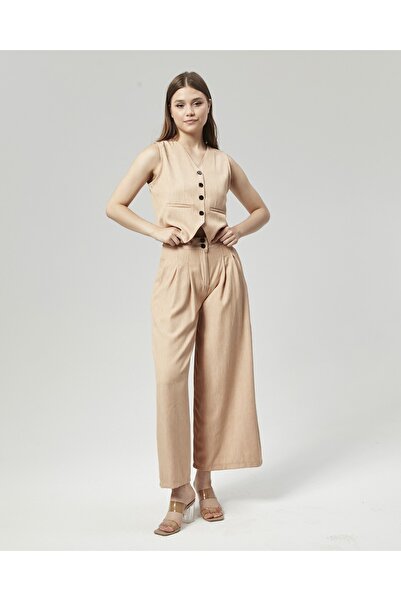 Nuseel Beige Colored New Season Flared Palazzo Trousers and Vest Set