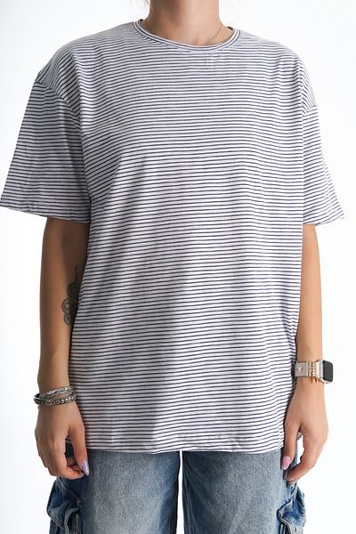 Moda Değirmeni T-sirti de damă cu dungi alb-albastru marin - BG1196-314-0003