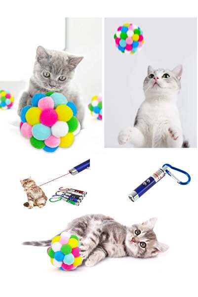 Bakio Ponponlu Ve Çıngıraklı Kedi Oyun Topu + Lazer Kedi Oyuncağı