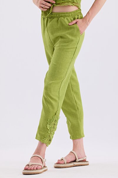 MD trend Linen Set - Tulle Detailed Short Sleeve Shirt and Lace Trousers