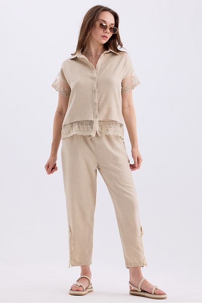 MD trend Linen Set - Tulle Detailed Short Sleeve Shirt and Lace Trousers