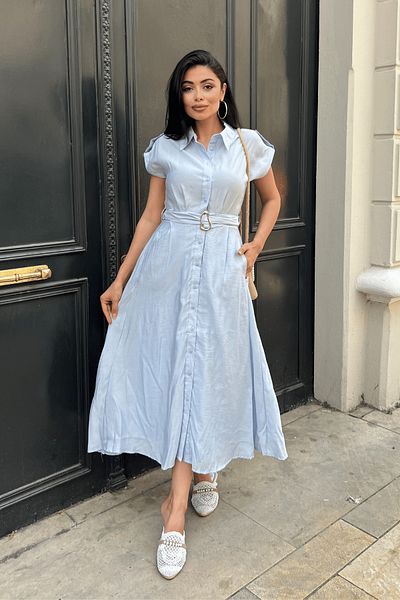 giyimmasalı Rochie midi Ice Blue - Tesatura modal si detaliu nasturi