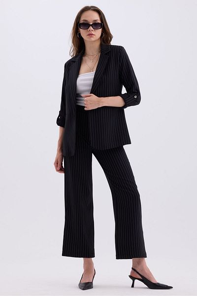 MD trend Striped Double Breasted Blazer and Trousers Set - Foldable Sleeve