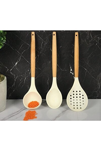 morponi 3-Piece Bamboo Handle Silicone Kitchen Set Spoon Ladle Colander