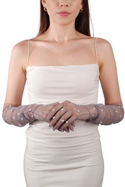 Hayalperest boncuk Elegant and Stylish Gray Bridal Costume with Pearls - Wedding Gloves, Long Tulle Gloves for Special Nights