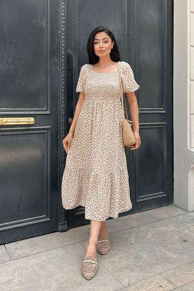 giyimmasalı Viscose Midi Dress - Chest Elastic, Fabric - CREAM