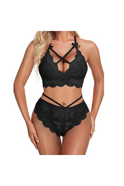 SİELONA KADIN SİYAH DANTEL ÇAPRAZ BİYE DETAY KURDELELİ İÇ ÇAMAŞIR TAKIM