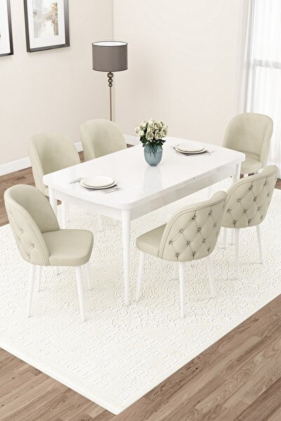 Canisa Jae Serisi Açılabilir 80x132 Beyaz Mutfak Masa Takımı Ve 6 Krem Sandalye