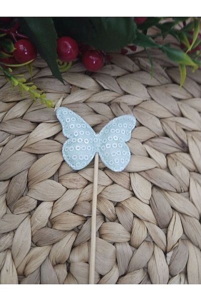 Deniz Party Store Light Blue Sequin Butterfly - Long Toothpick 16cm 10 Pieces