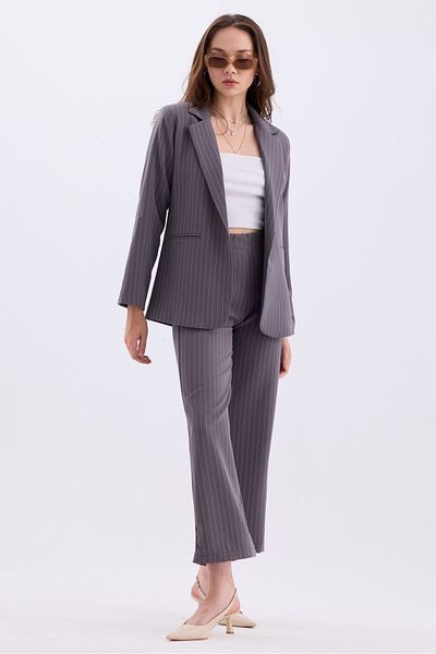 MD trend Striped Double Breasted Blazer and Trousers Set - Foldable Sleeve