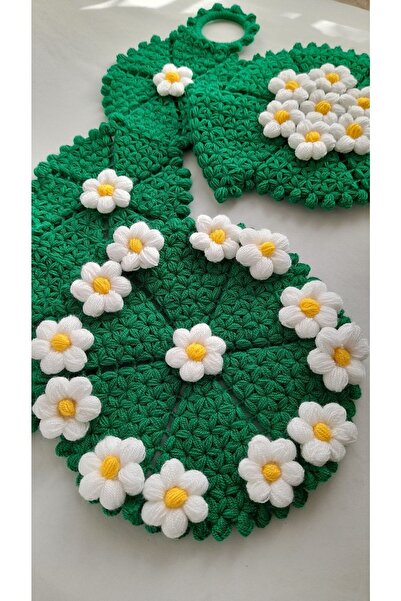 Ebrulisler El Örgüsü Yeşil Papatya Tarlası Günlük Çeyizlik Uzun Yuvarlak Kese 3'lü Banyo Lif Seti