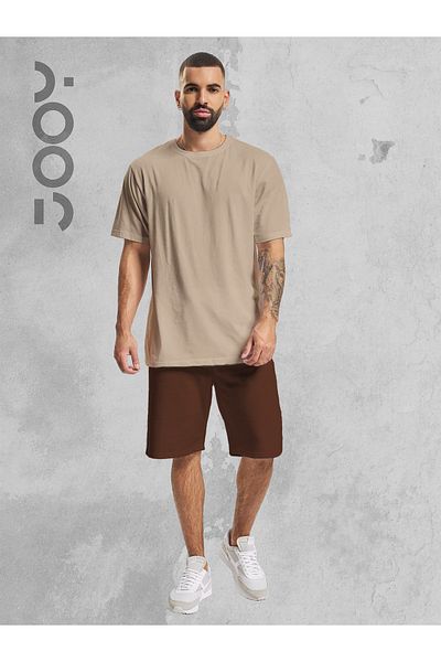 Jooy Company Σετ μπλουζάκι μπεζ Oversize και καφέ χτενισμένο βαμβακερό σορτς