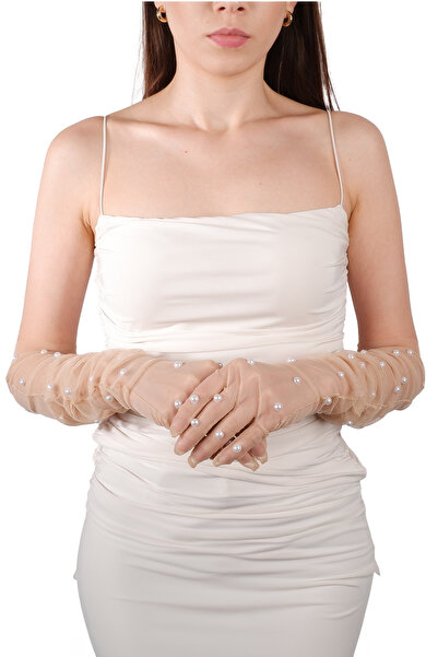 Limelia İncili Şık Sade Tül Gelin Kostüm Eldiveni Tenk Rengi