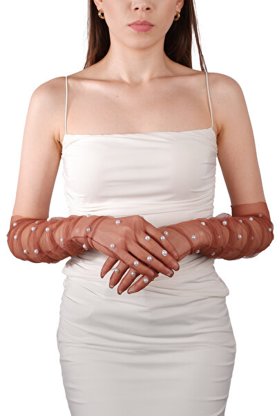 Limelia Zarif Şık İncili Gelin Kostüm Düğün Eldiveni Özel Geceler İçin Uzun T...