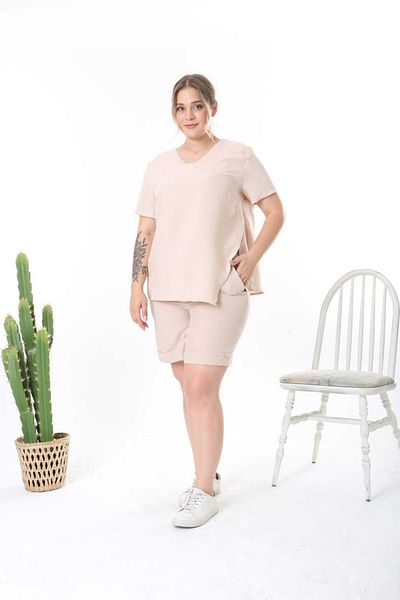 HaiModa بلوزة شورت نسائية مقاس كبير - طقم مكون من قطعتين بأكمام قصيرة