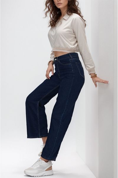 SHEVEGA High Waist and Lycra Navy Blue Loose Jeans - Wide Leg Jeans