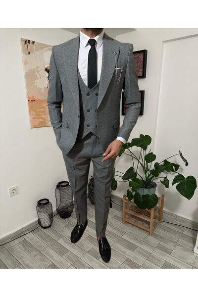 MISTER MR.PAPYON FASHION Erkek Yelekli Dar Kesim Takım Elbise 54 Beden Gri