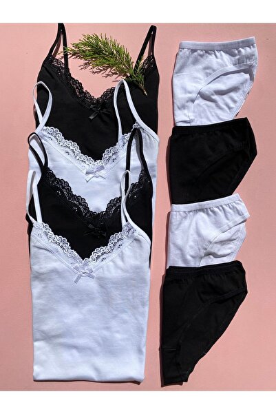 LEYNA BUTİK 4 комплекти бавовняних майок з мереживом і шнурками - 2 чорні, 2 ...