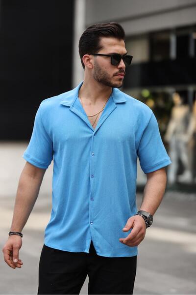 Gray Clothing Erkek İndigo Bürümcük Kısa Kollu Oversize Bol Kesim Yazlık Gömlek