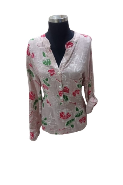 ZY BUTİK بلوزة قميص بأكمام طويلة وطية صدر السترة منقوشة باللون العنابي الوردي...